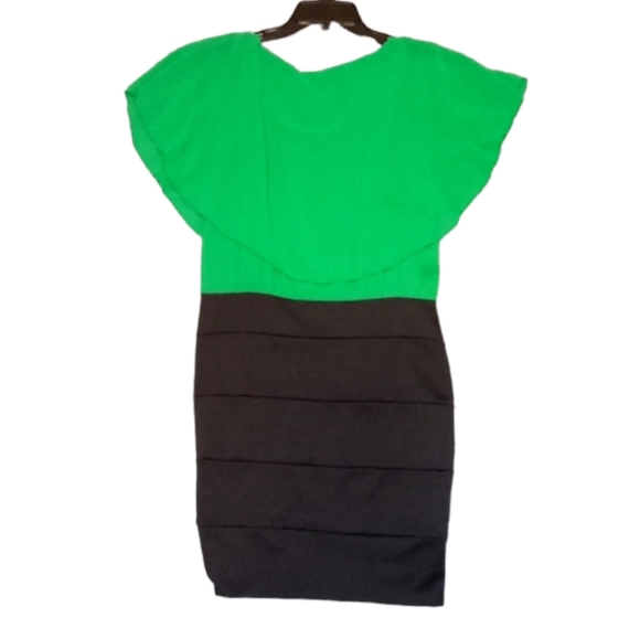 Dance in Paris MEDIUM black bodycon mini dress green ruffle top section - Picture 2 of 5